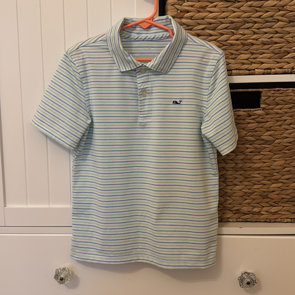 EUC Vineyard Vines Boys Blue & Green Striped Polo Shirt sz 6